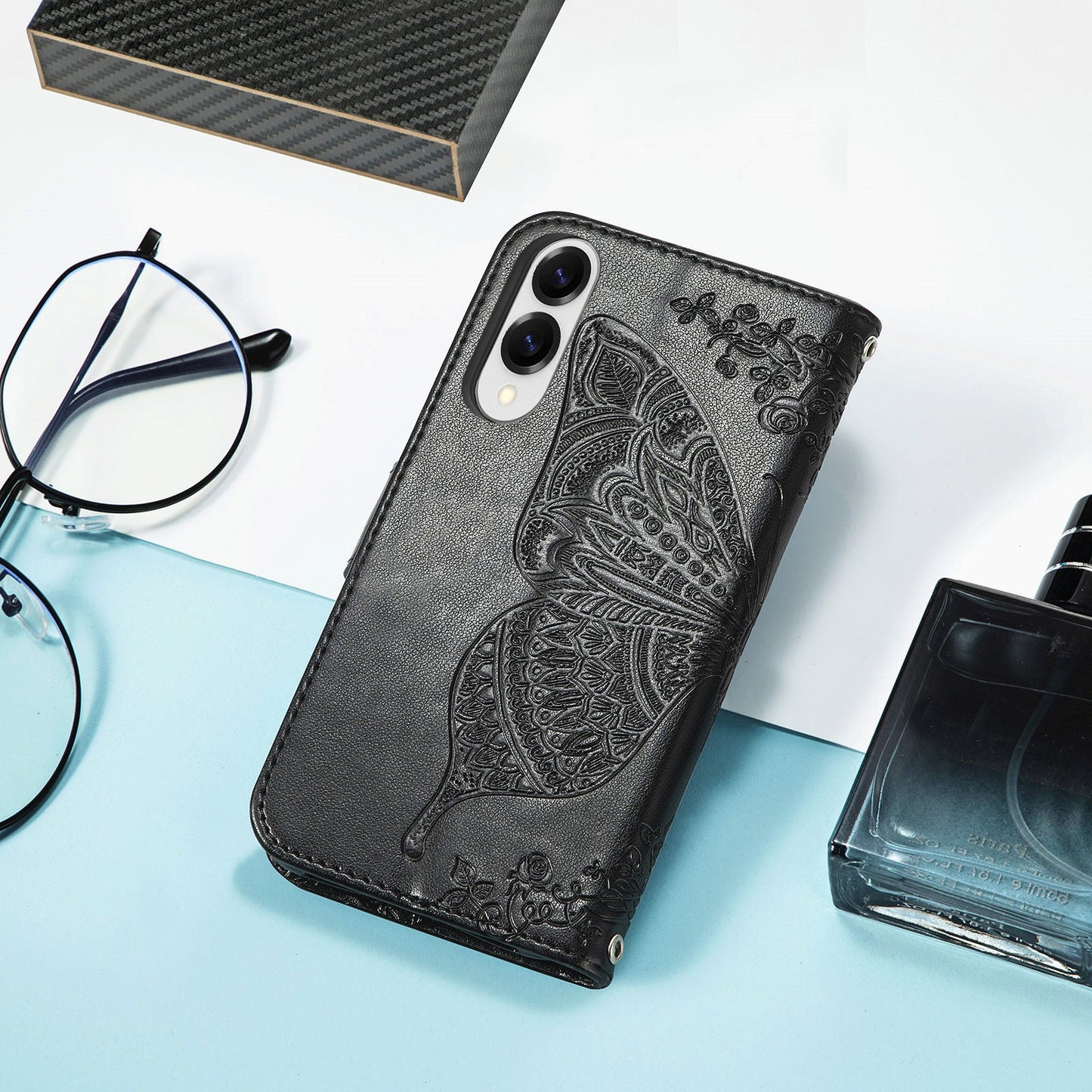 For Samsung Galaxy S25 Edge Case with Strap Butterfly Pattern PU Leather Wallet Phone Cover - Black