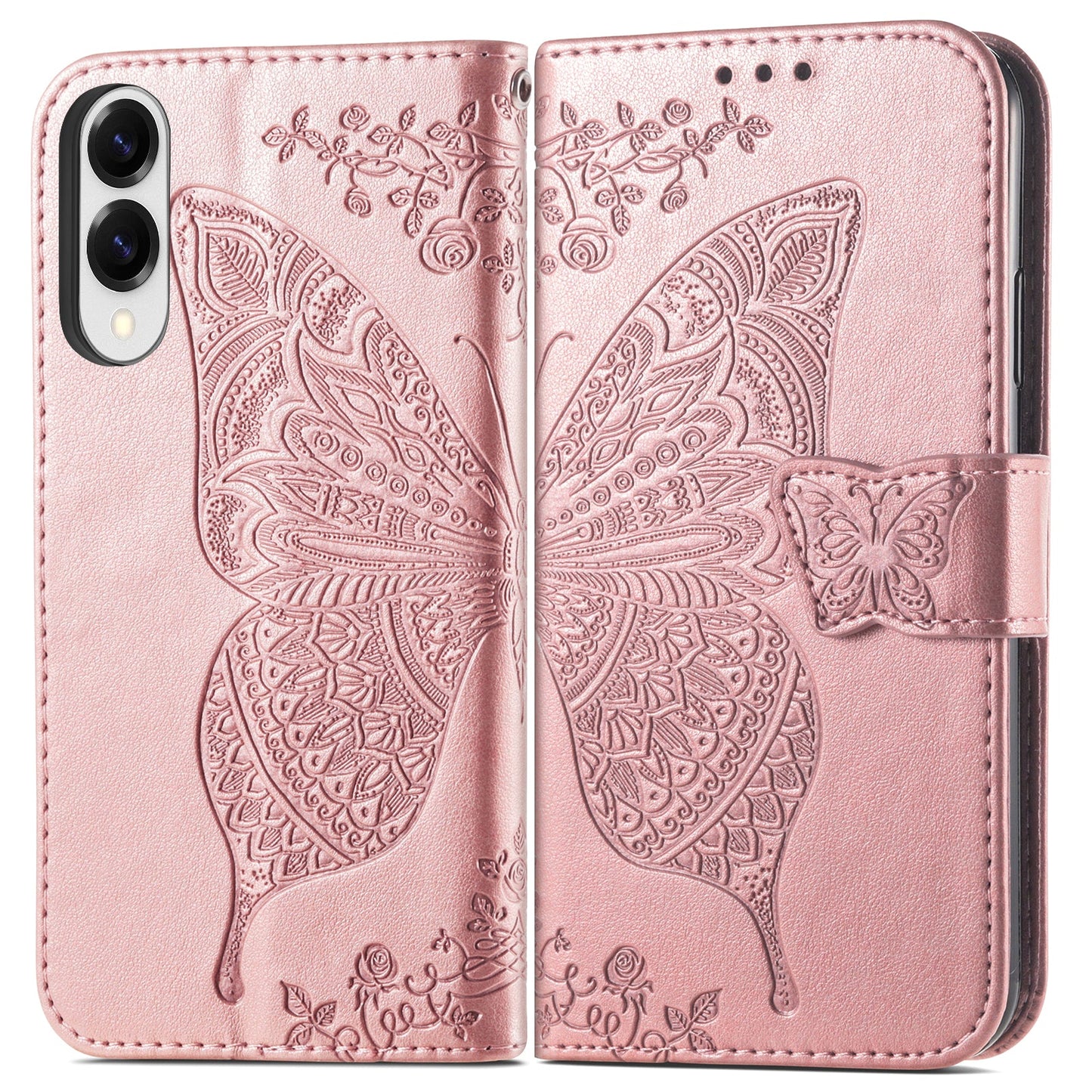 For Samsung Galaxy S25 Edge Case with Strap Butterfly Pattern PU Leather Wallet Phone Cover - Rose Gold