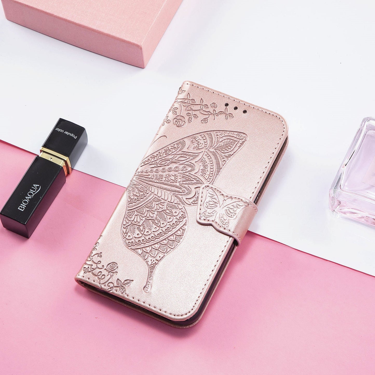 For Samsung Galaxy S25 Edge Case with Strap Butterfly Pattern PU Leather Wallet Phone Cover - Rose Gold