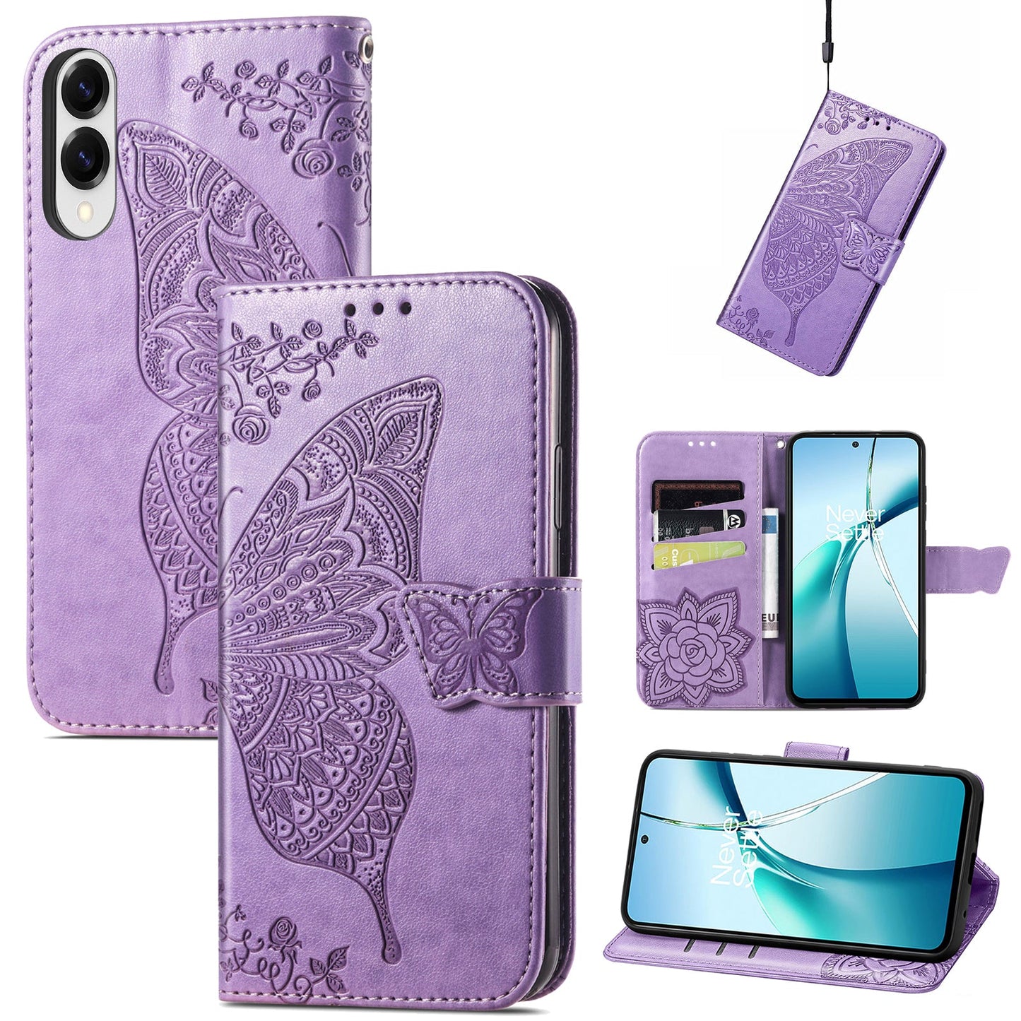 For Samsung Galaxy S25 Edge Case with Strap Butterfly Pattern PU Leather Wallet Phone Cover - Light Purple