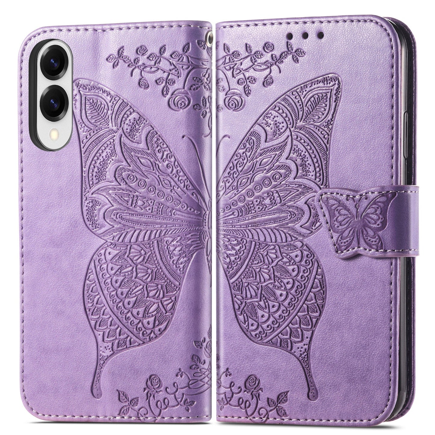For Samsung Galaxy S25 Edge Case with Strap Butterfly Pattern PU Leather Wallet Phone Cover - Light Purple