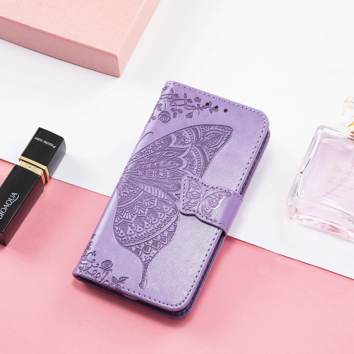 For Samsung Galaxy S25 Edge Case with Strap Butterfly Pattern PU Leather Wallet Phone Cover - Light Purple