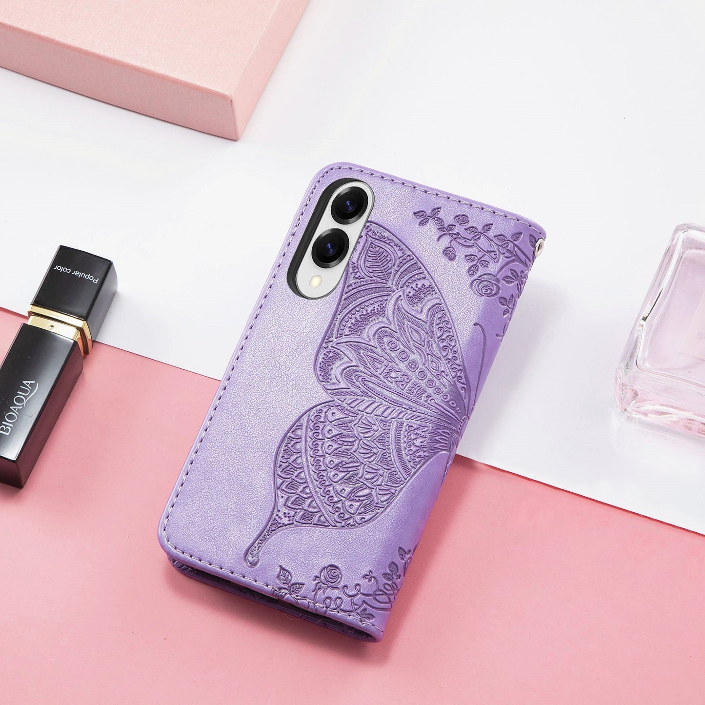 For Samsung Galaxy S25 Edge Case with Strap Butterfly Pattern PU Leather Wallet Phone Cover - Light Purple
