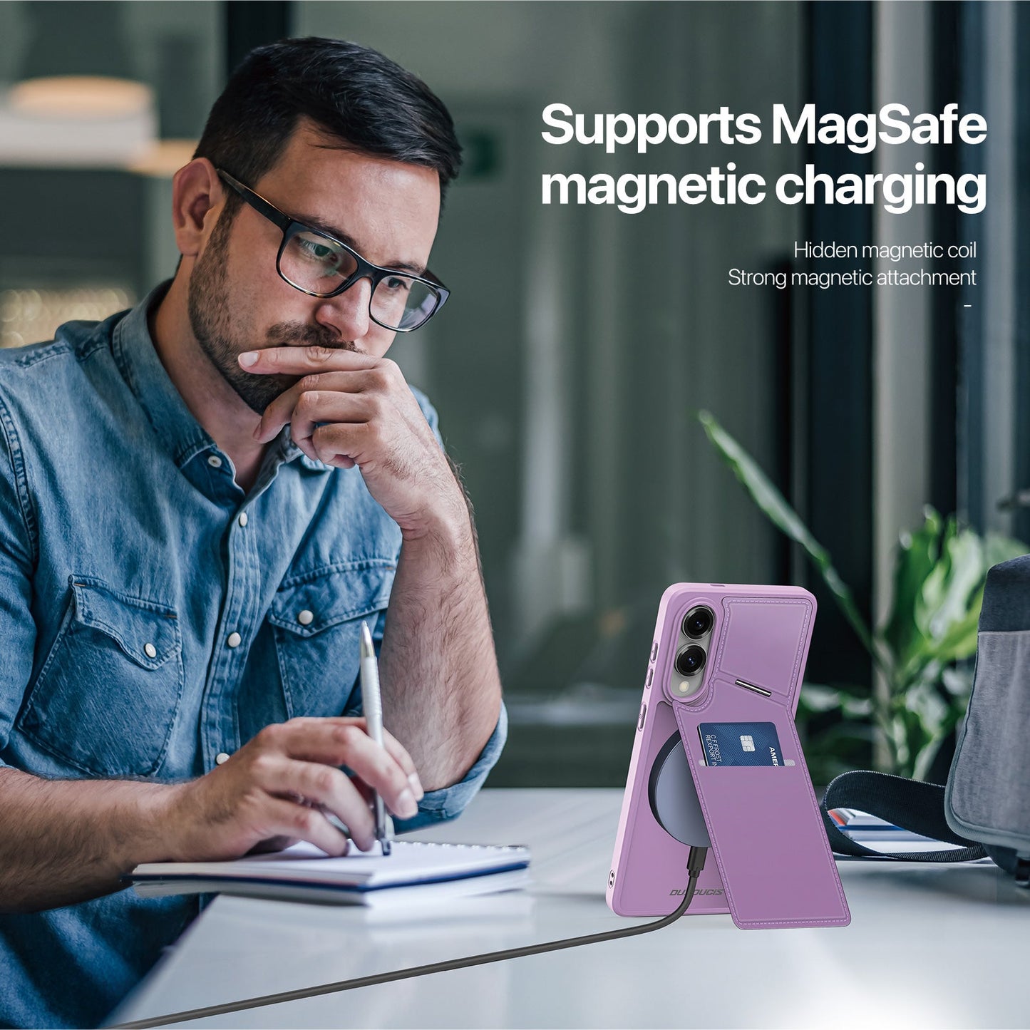 For Samsung Galaxy S25 Edge Magnetic Case DUX DUCIS Rafi II Series Leather Back Cover with RFID Blocking Card Slots - Purple Pink