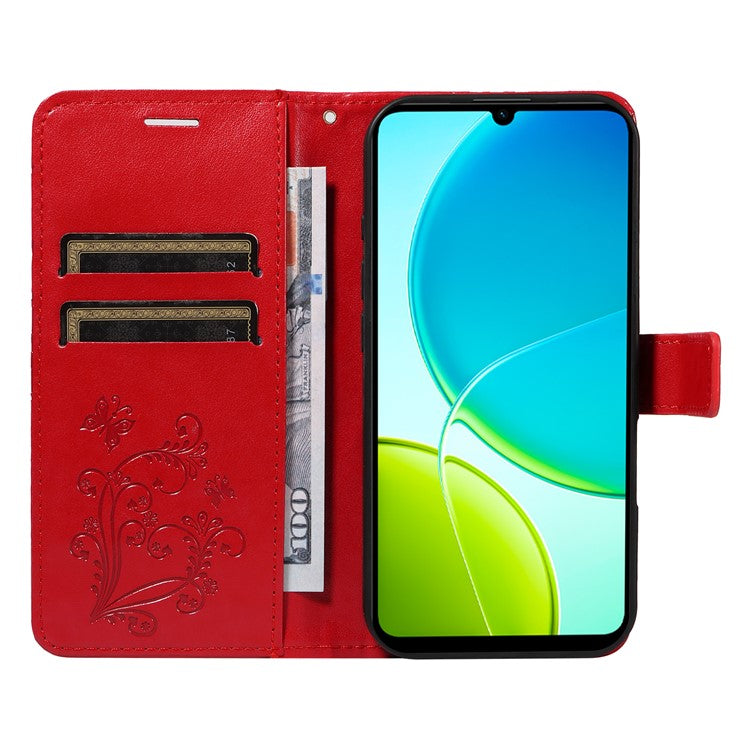 For vivo Y29s 5G Wallet Case Floral Butterfly Imprinted Leather Phone Cover Stand - Red