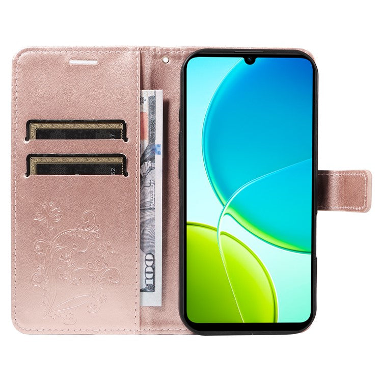 For vivo Y29s 5G Wallet Case Floral Butterfly Imprinted Leather Phone Cover Stand -  Rose Gold