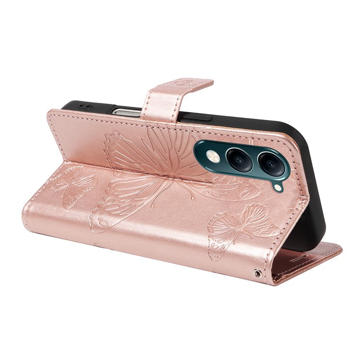 For vivo Y29s 5G Wallet Case Floral Butterfly Imprinted Leather Phone Cover Stand -  Rose Gold