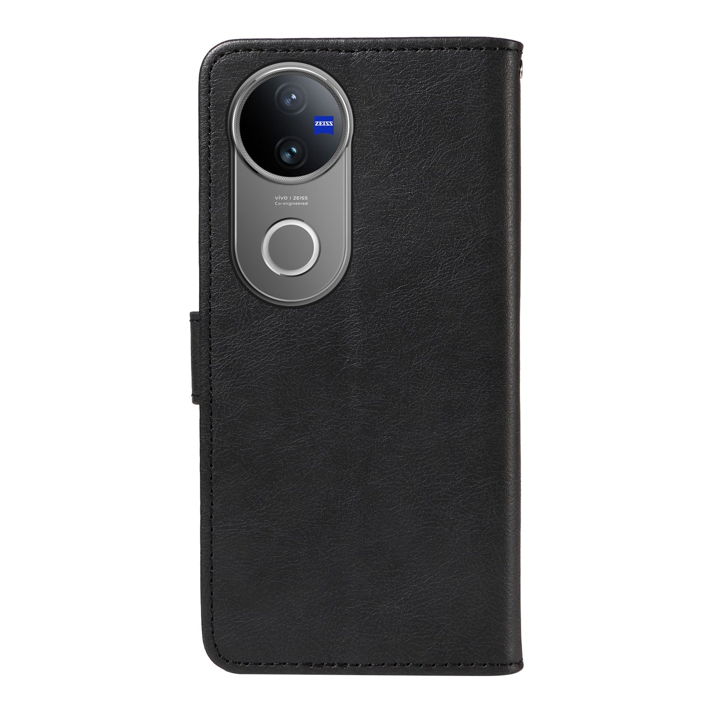 For vivo V50 5G Leather Wallet Case with Strap Solid Color Phone Stand Cover - Black