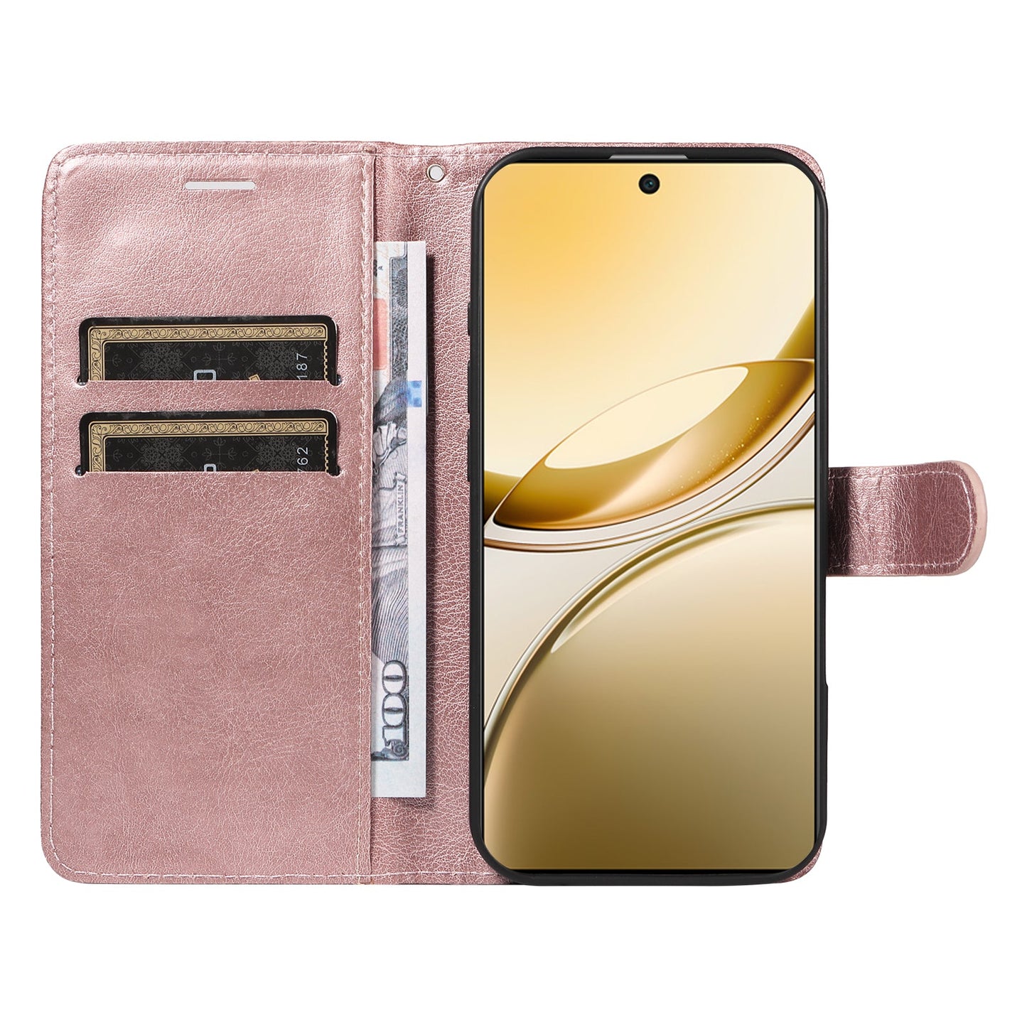 For vivo V50 5G Leather Wallet Case with Strap Solid Color Phone Stand Cover - Rose Gold