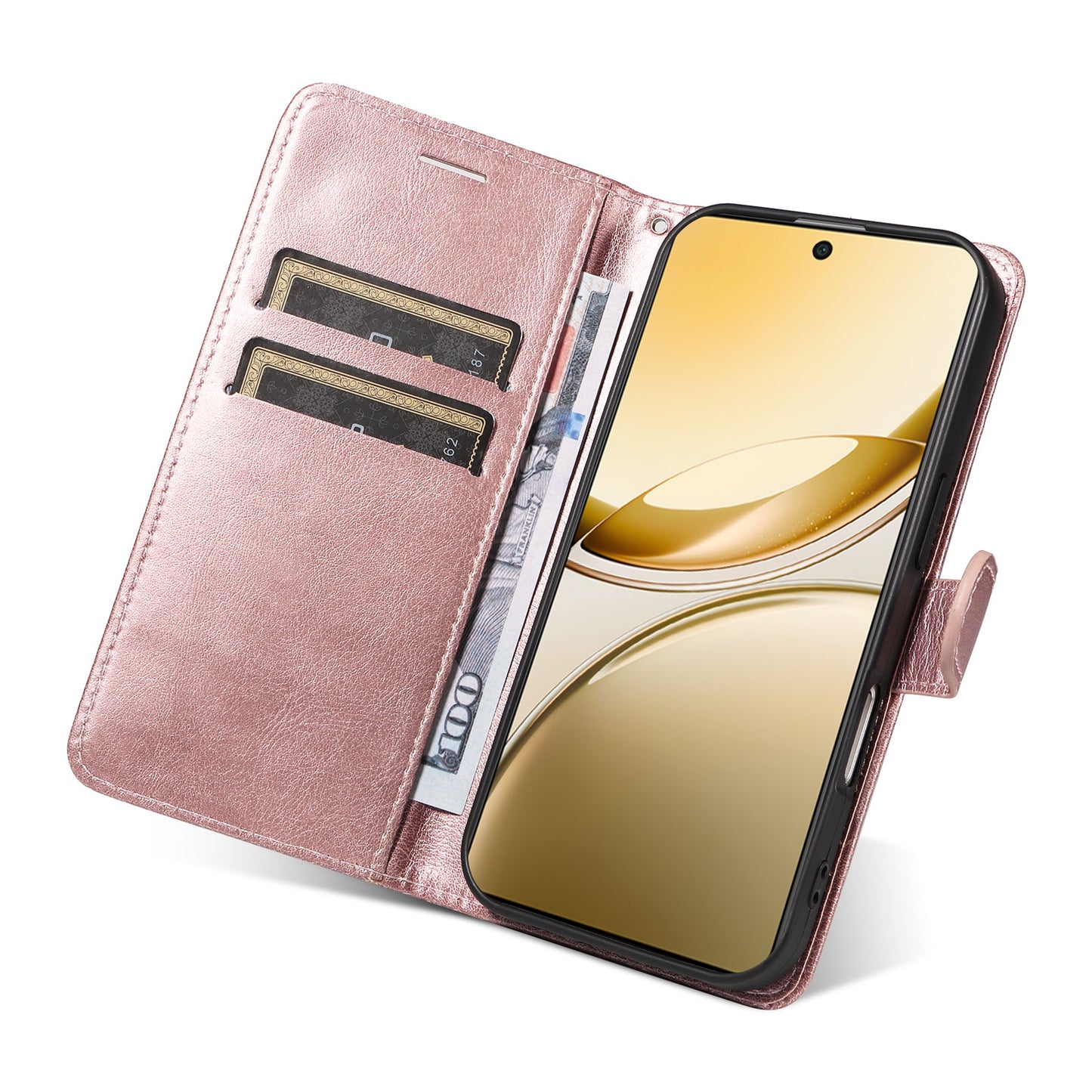 For vivo V50 5G Leather Wallet Case with Strap Solid Color Phone Stand Cover - Rose Gold