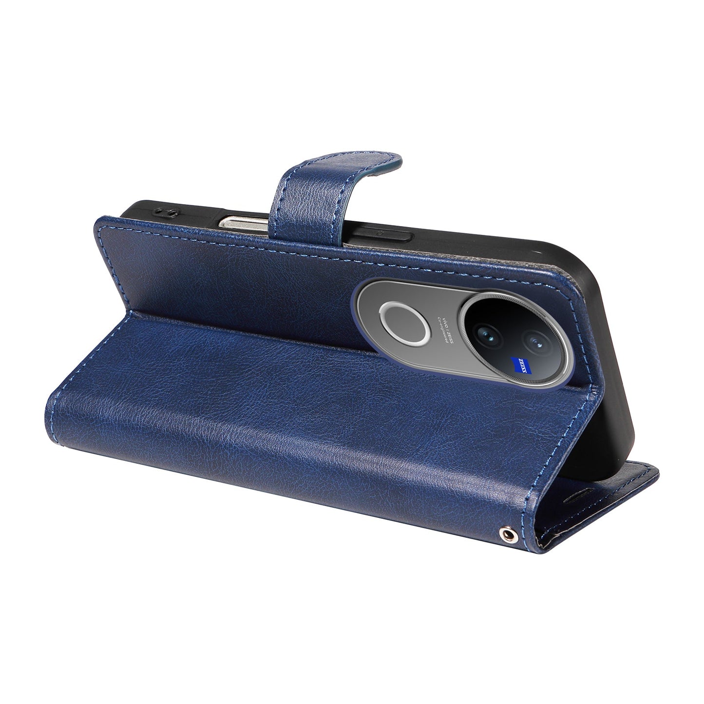 For vivo V50 5G Leather Wallet Case with Strap Solid Color Phone Stand Cover - Blue