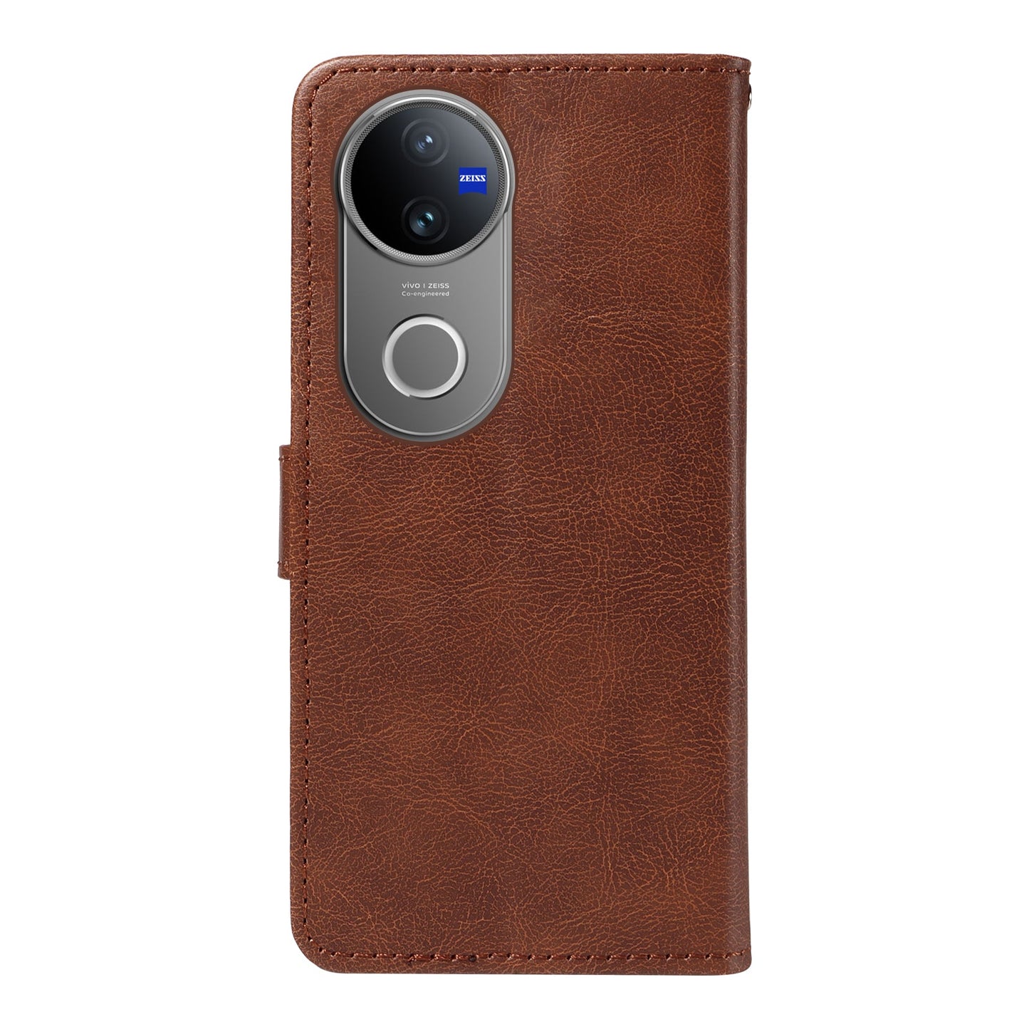 For vivo V50 5G Leather Wallet Case with Strap Solid Color Phone Stand Cover - Brown