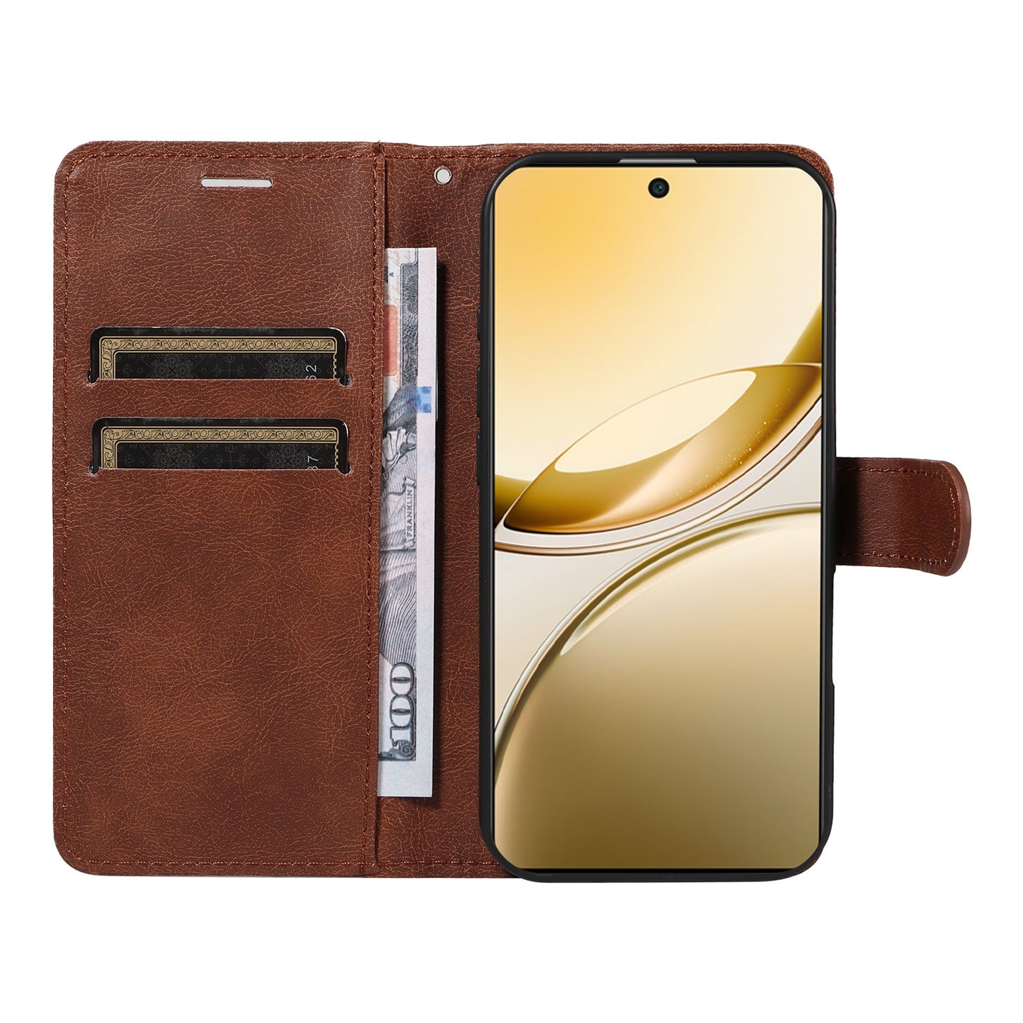 For vivo V50 5G Leather Wallet Case with Strap Solid Color Phone Stand Cover - Brown