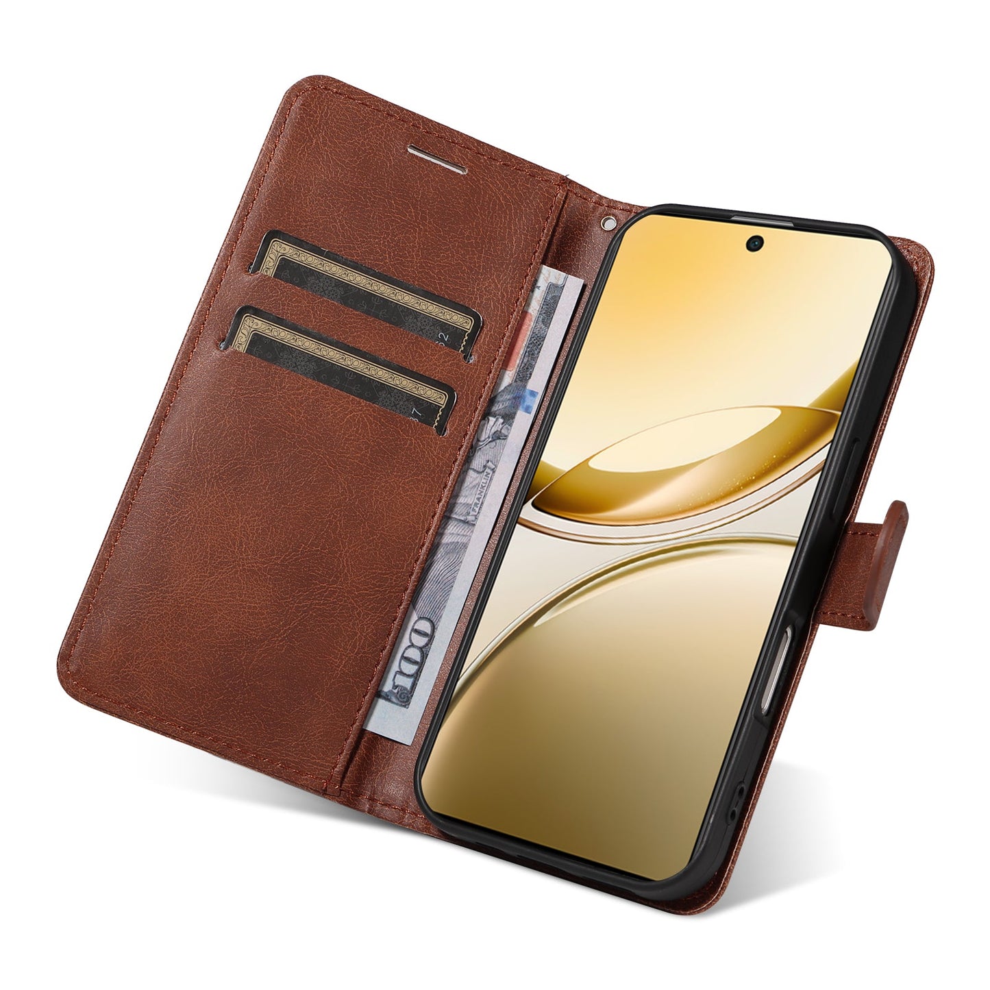 For vivo V50 5G Leather Wallet Case with Strap Solid Color Phone Stand Cover - Brown