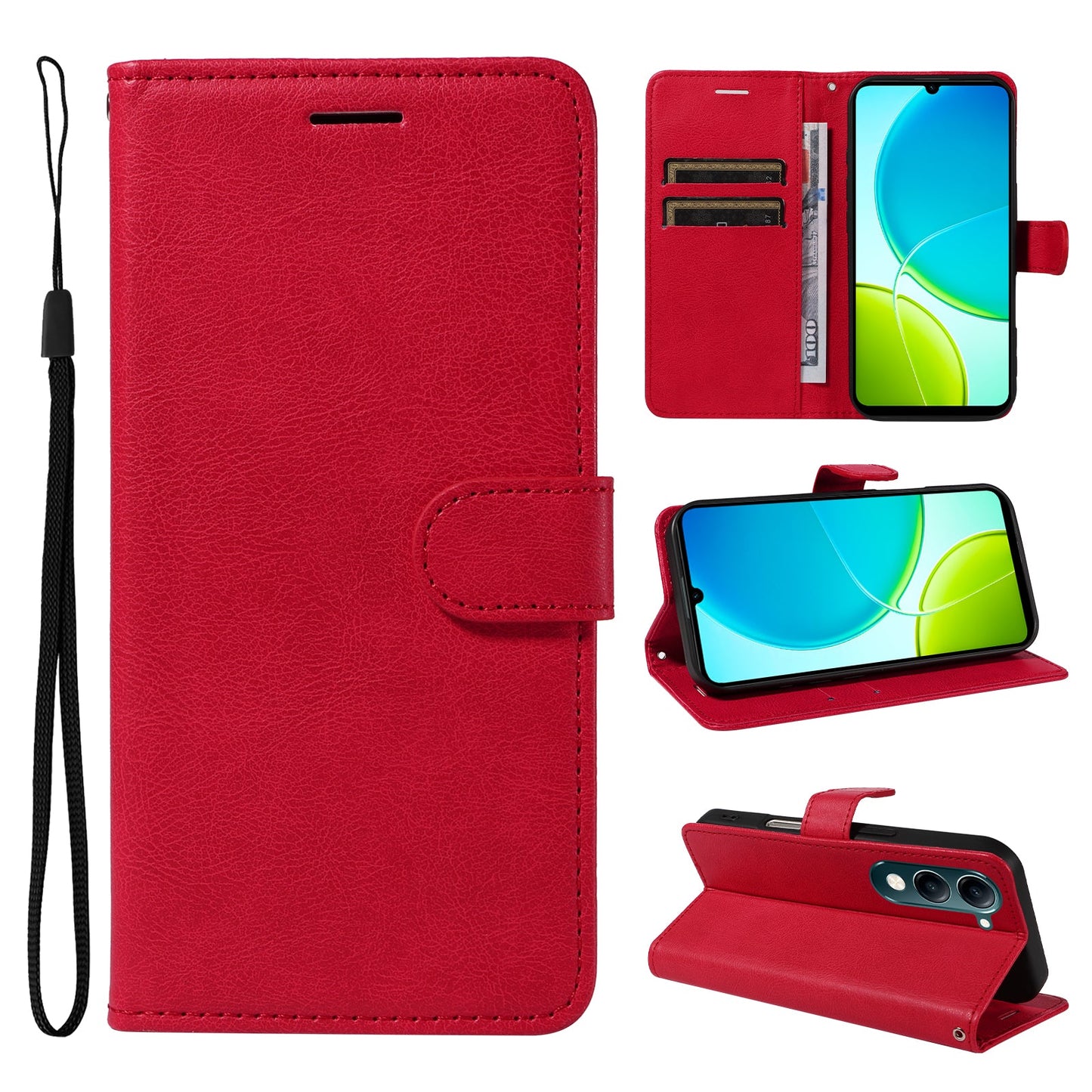 For vivo Y04 4G / vivo Y29s 5G Leather Wallet Case with Strap Solid Color Phone Stand Cover - Black