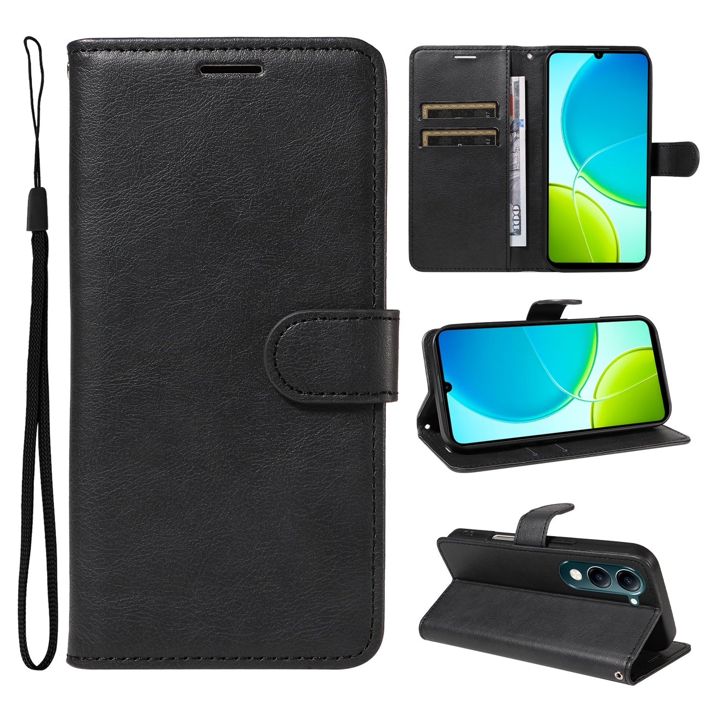 For vivo Y04 4G / vivo Y29s 5G Leather Wallet Case with Strap Solid Color Phone Stand Cover - Black