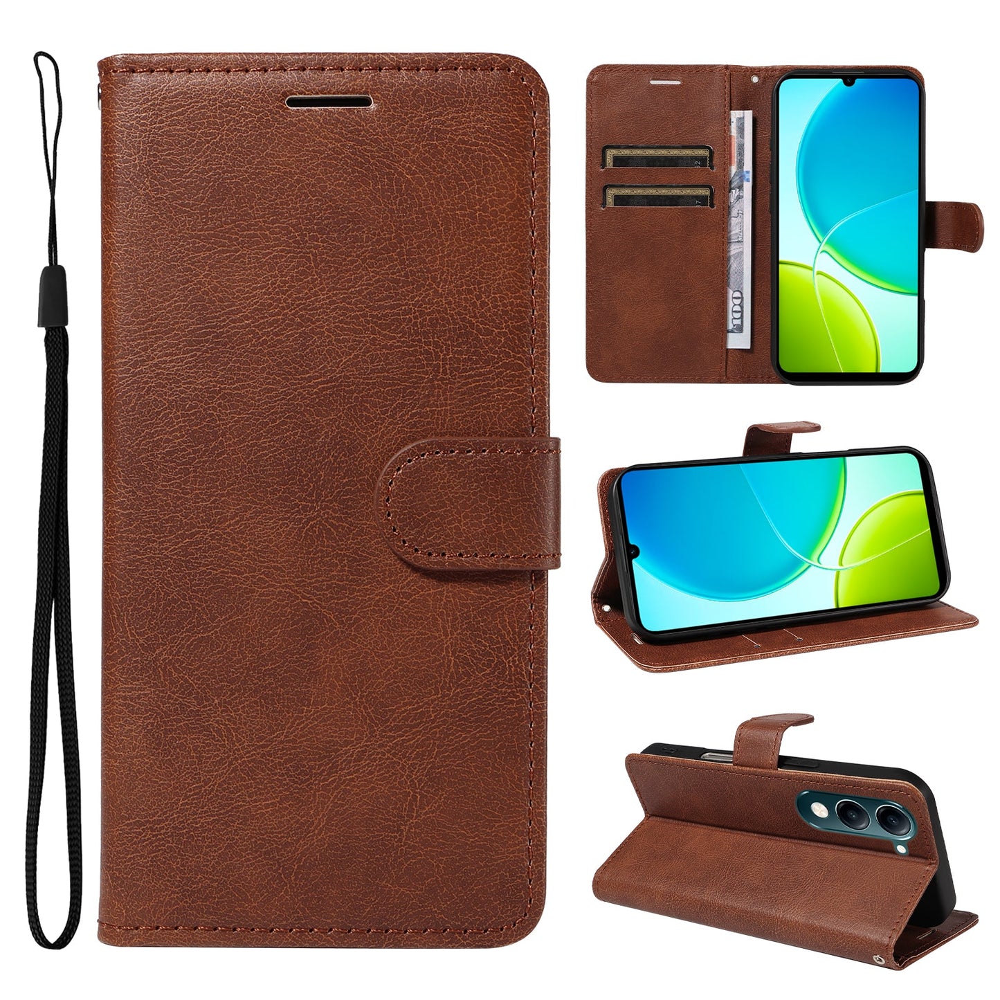 For vivo Y04 4G / vivo Y29s 5G Leather Wallet Case with Strap Solid Color Phone Stand Cover - Black