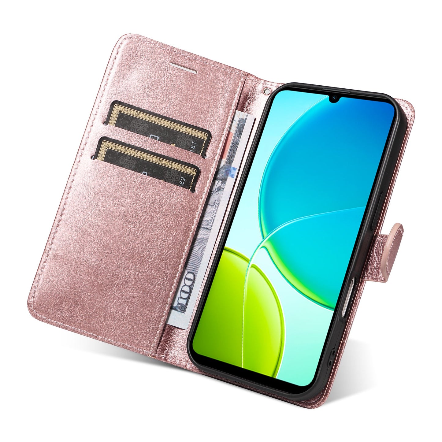 For vivo Y04 4G / vivo Y29s 5G Leather Wallet Case with Strap Solid Color Phone Stand Cover - Rose Gold