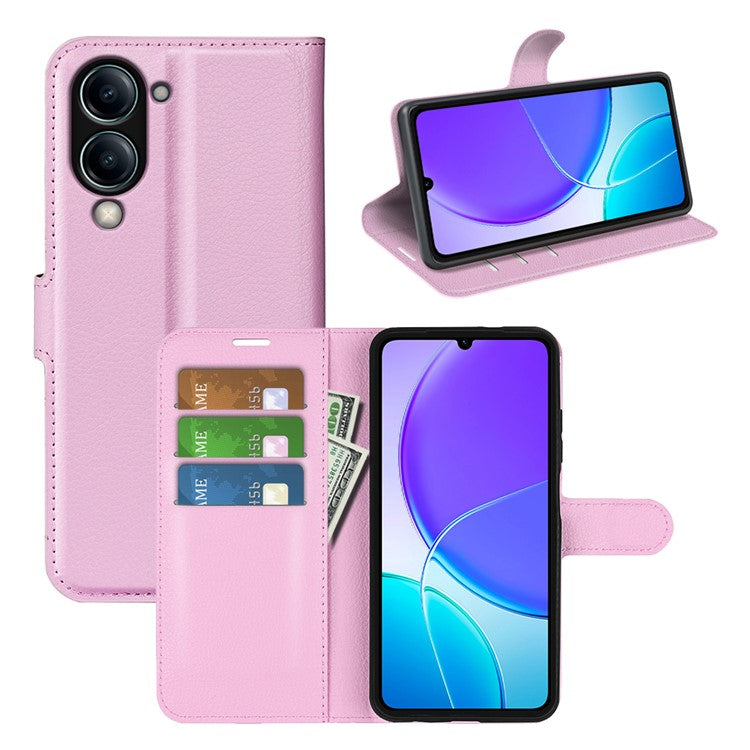 For vivo Y04 4G Case Litchi Texture Shockproof Leather Wallet Phone Cover - Pink