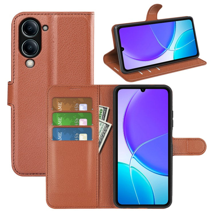 For vivo Y04 4G Case Litchi Texture Shockproof Leather Wallet Phone Cover - Brown