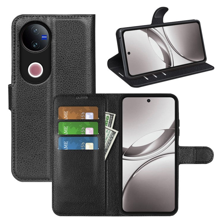 For vivo V50 5G Case Litchi Texture Shockproof Leather Wallet Phone Cover - Black