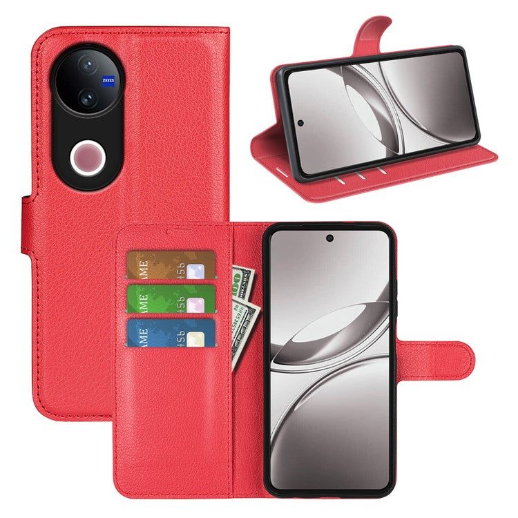For vivo V50 5G Case Litchi Texture Shockproof Leather Wallet Phone Cover - Red