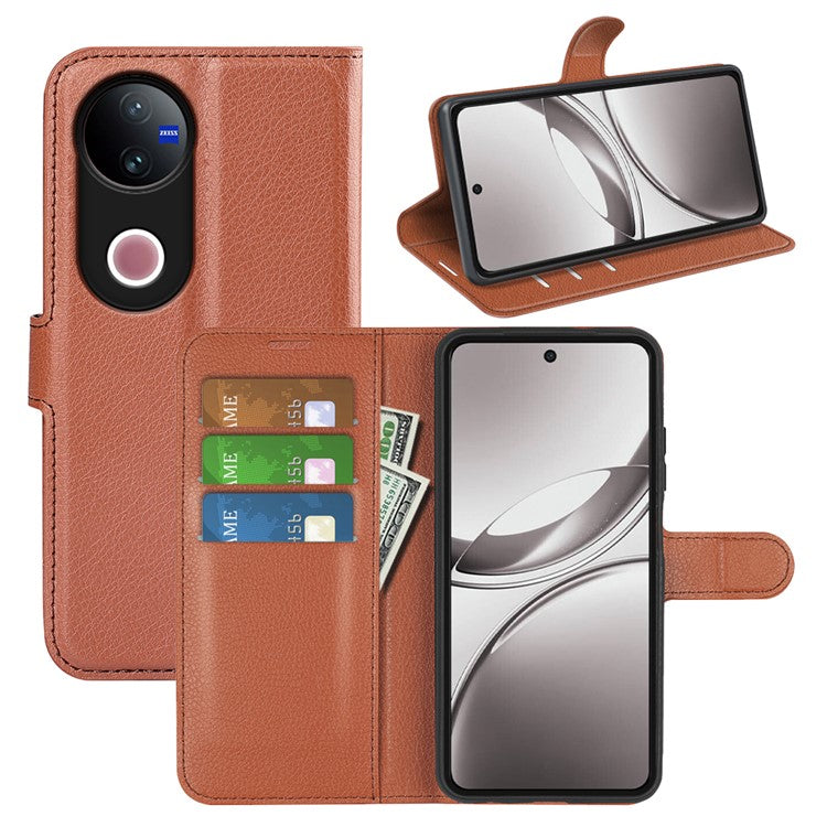 For vivo V50 5G Case Litchi Texture Shockproof Leather Wallet Phone Cover - Brown