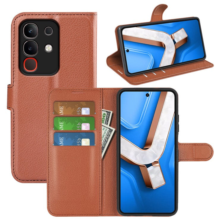 For vivo Y29 4G Case Litchi Texture Shockproof Leather Wallet Phone Cover - Brown