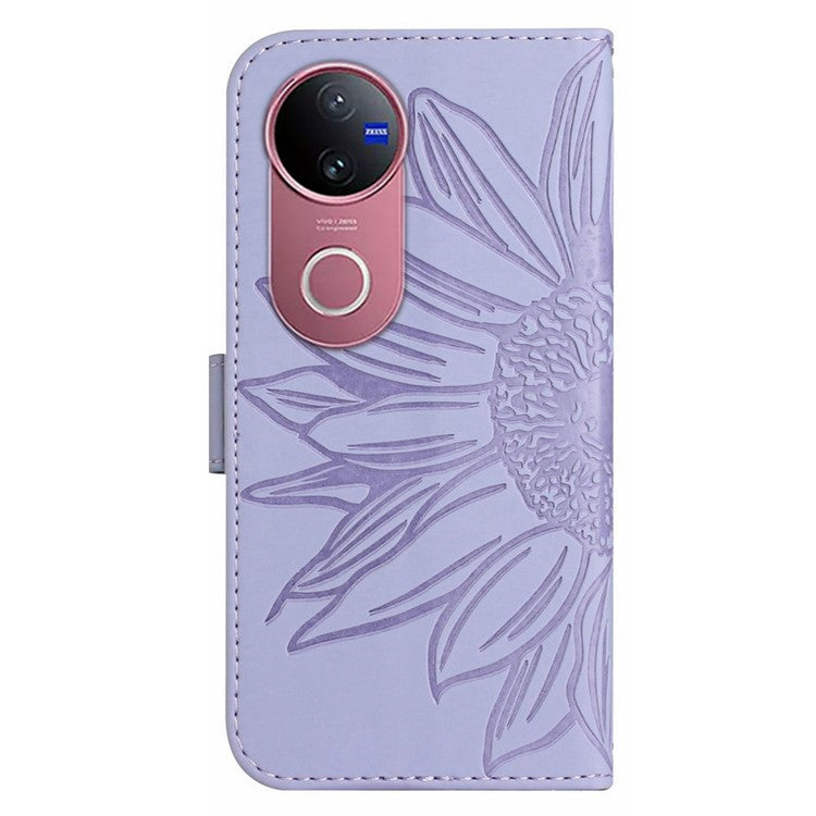 For vivo V50 5G Case Sunflower Imprint Leather Wallet Phone Cover with Wrist Strap - Light Purple