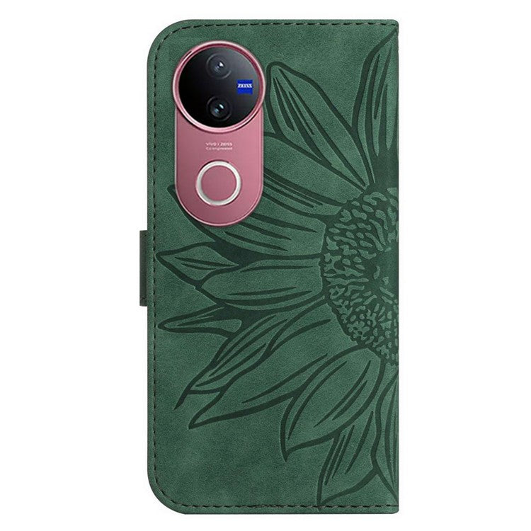 For vivo V50 5G Case Sunflower Imprint Leather Wallet Phone Cover with Wrist Strap - Dark Green