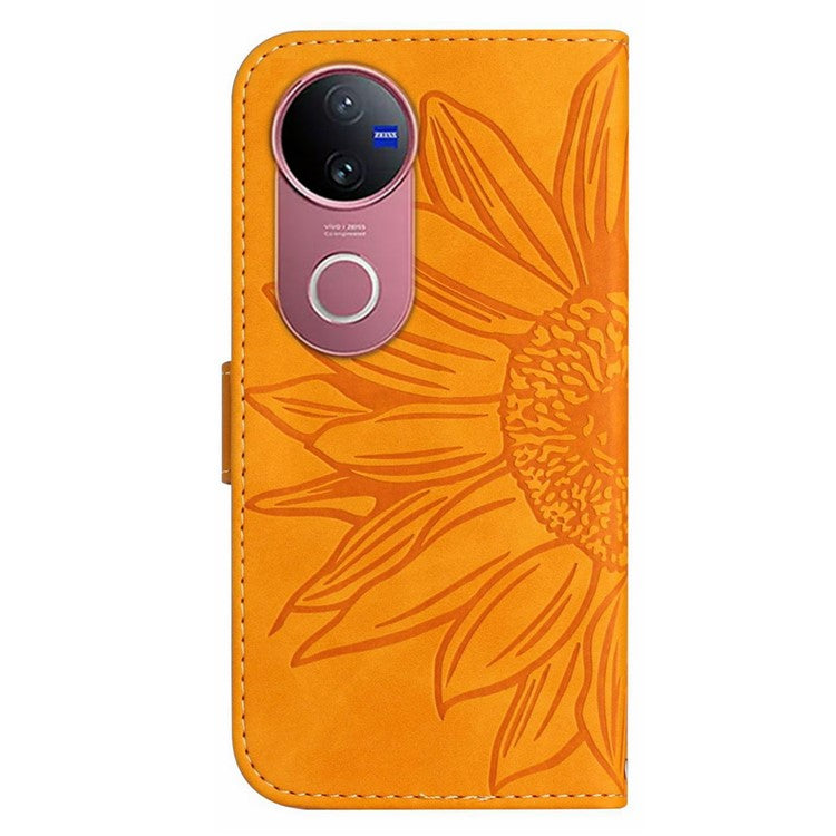 For vivo V50 5G Case Sunflower Imprint Leather Wallet Phone Cover with Wrist Strap - Yellow