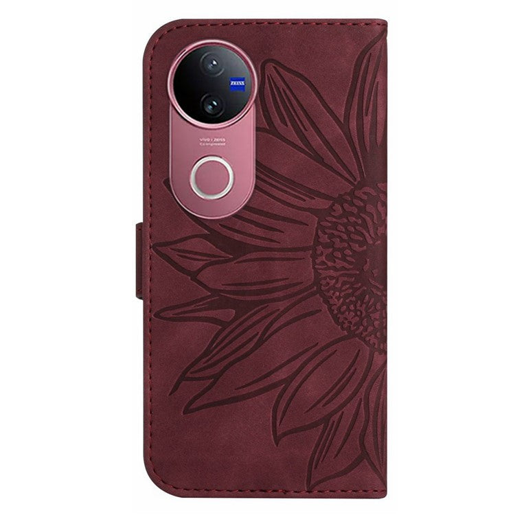 For vivo V50 5G Case Sunflower Imprint Leather Wallet Phone Cover with Wrist Strap - Wine Red