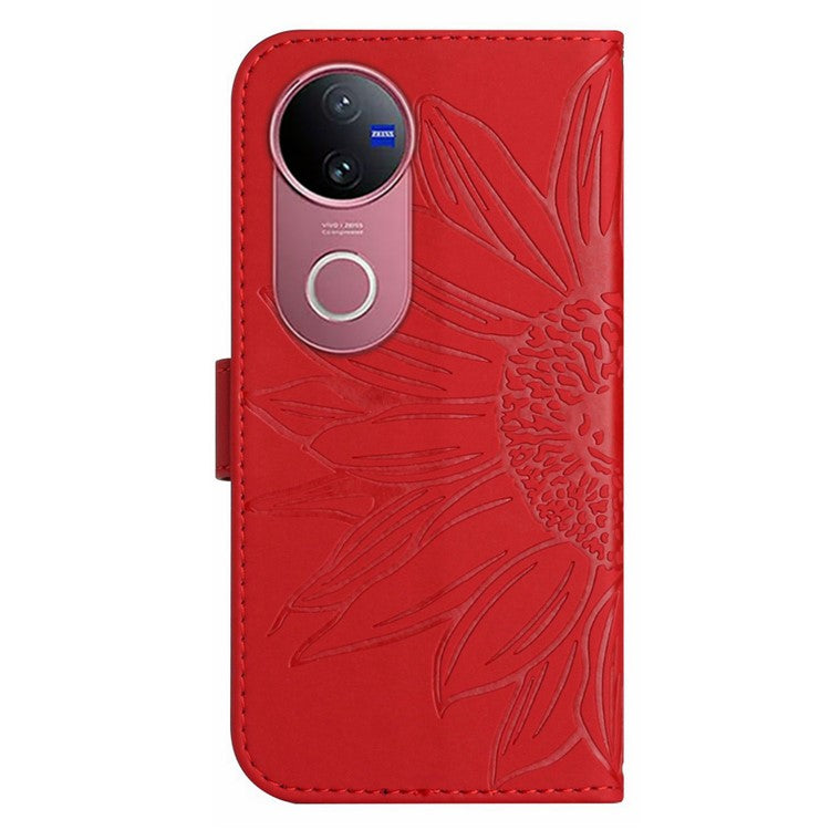 For vivo V50 5G Case Sunflower Imprint Leather Wallet Phone Cover with Wrist Strap - Red