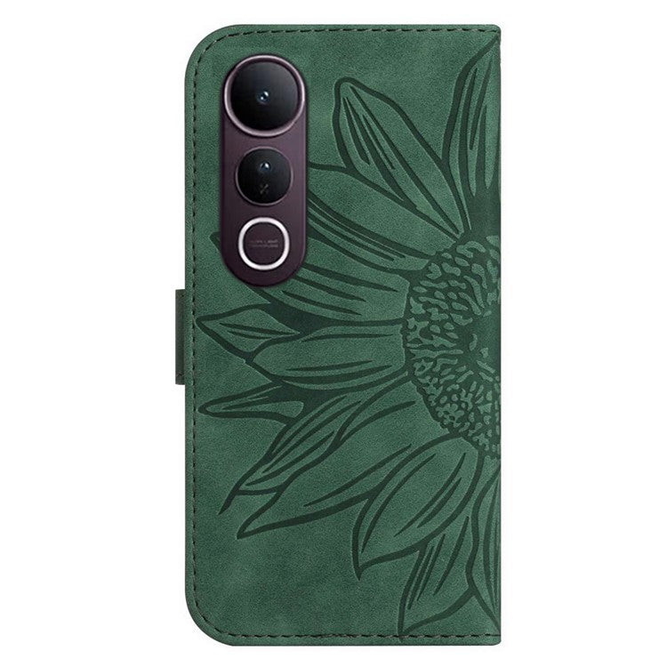 For vivo V50 Lite 5G Case Sunflower Imprint Leather Wallet Phone Cover with Wrist Strap - Dark Green