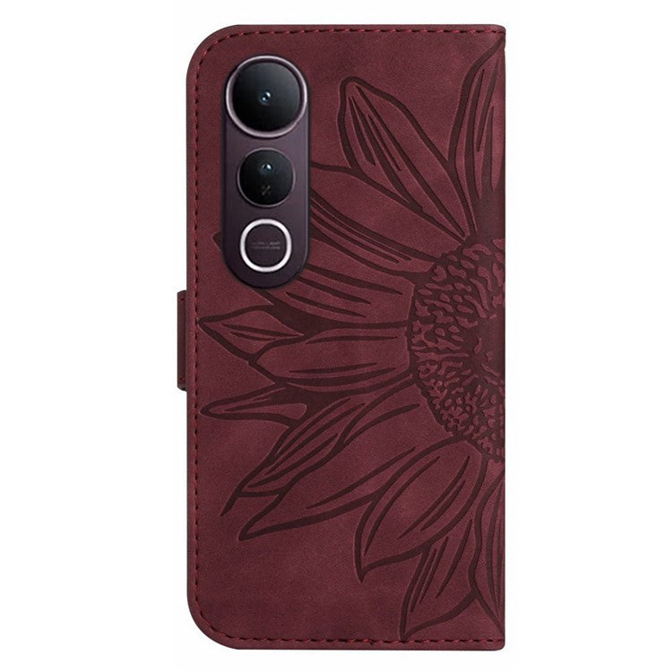 For vivo V50 Lite 5G Case Sunflower Imprint Leather Wallet Phone Cover with Wrist Strap - Wine Red