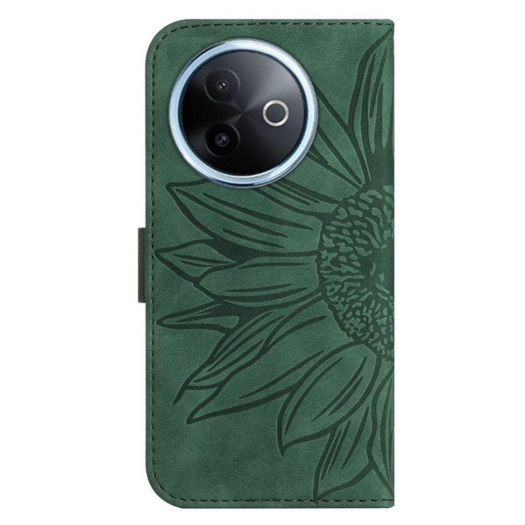 For vivo Y39 5G Case Sunflower Imprint Leather Wallet Phone Cover with Wrist Strap - Dark Green