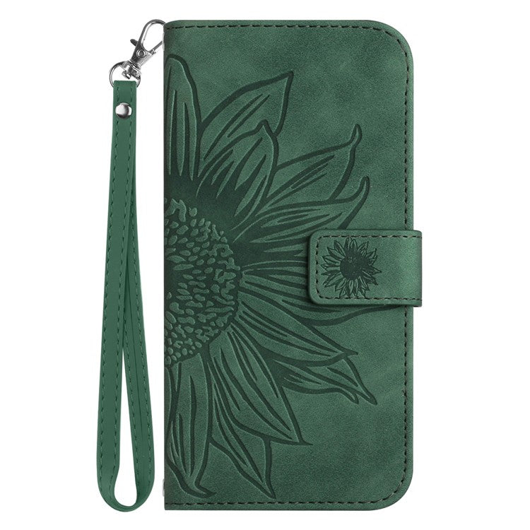 For Samsung Galaxy M16 5G / F16 5G Case Sunflower Imprint Leather Wallet Phone Cover with Wrist Strap - Dark Green