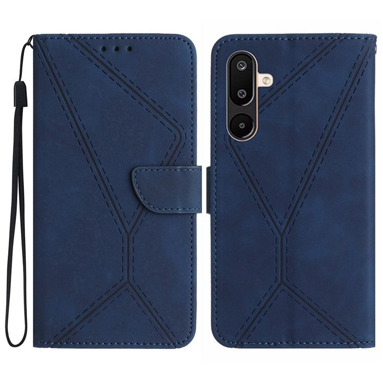 For Samsung Galaxy M16 5G / F16 5G Case Skin Touch Lines Imprinted PU Leather Flip Phone Cover - Blue