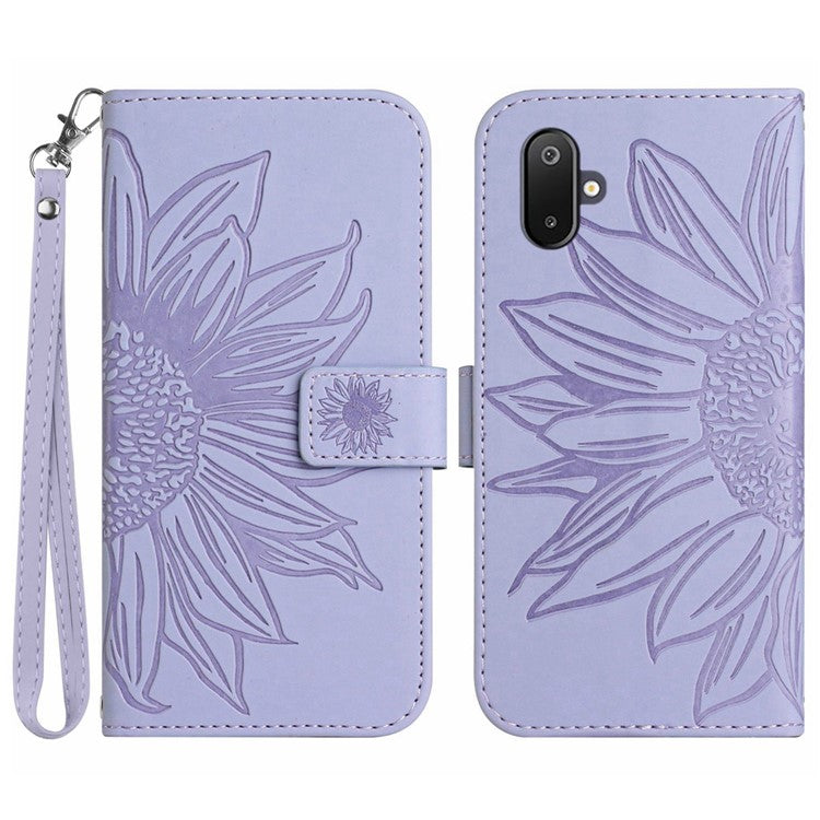 For Samsung Galaxy M06 5G / F06 5G Case Sunflower Imprint Leather Wallet Phone Cover with Wrist Strap - Light Purple