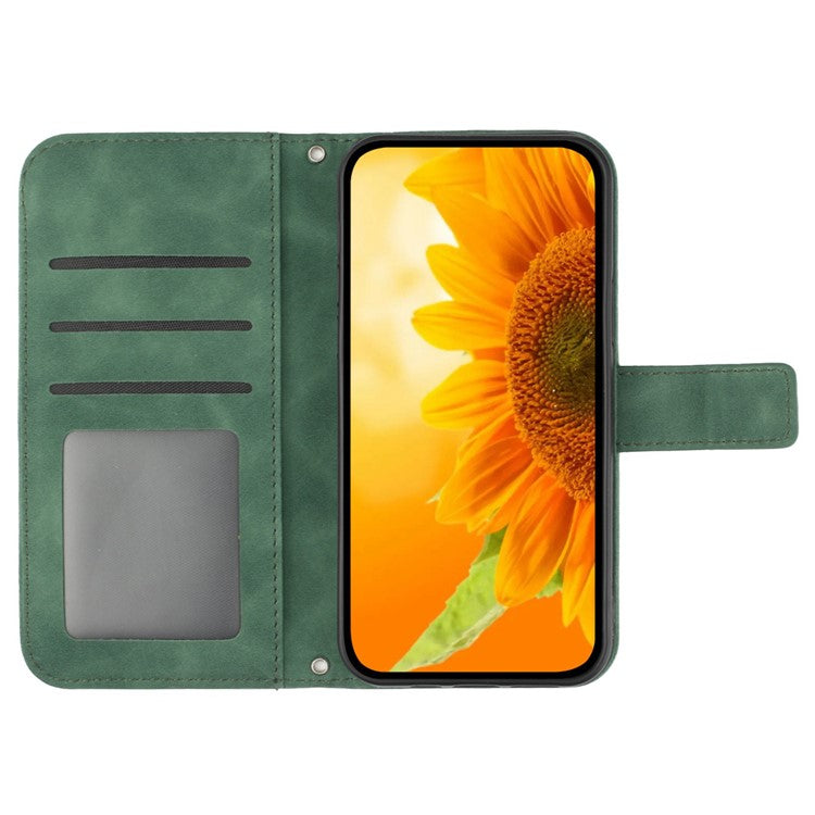 For Samsung Galaxy M06 5G / F06 5G Case Sunflower Imprint Leather Wallet Phone Cover with Wrist Strap - Dark Green