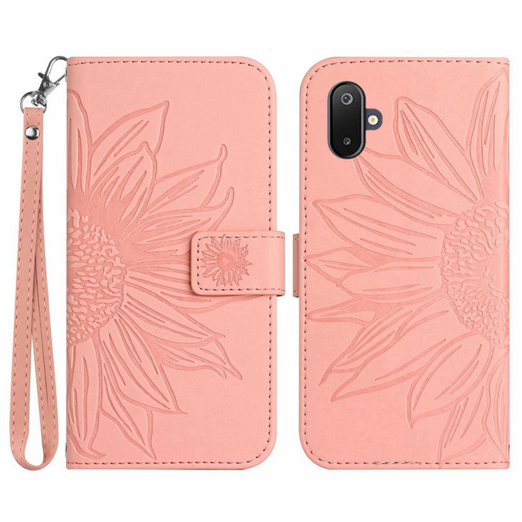 For Samsung Galaxy M06 5G / F06 5G Case Sunflower Imprint Leather Wallet Phone Cover with Wrist Strap - Light Pink