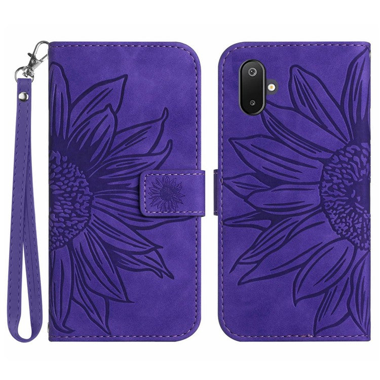 For Samsung Galaxy M06 5G / F06 5G Case Sunflower Imprint Leather Wallet Phone Cover with Wrist Strap - Dark Purple