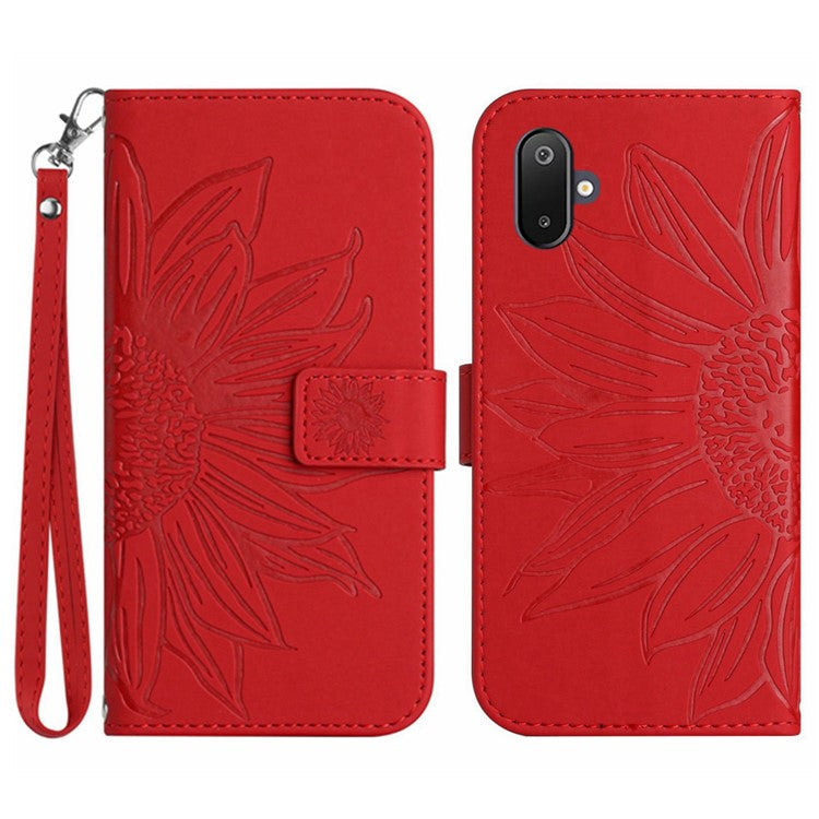 For Samsung Galaxy M06 5G / F06 5G Case Sunflower Imprint Leather Wallet Phone Cover with Wrist Strap - Red