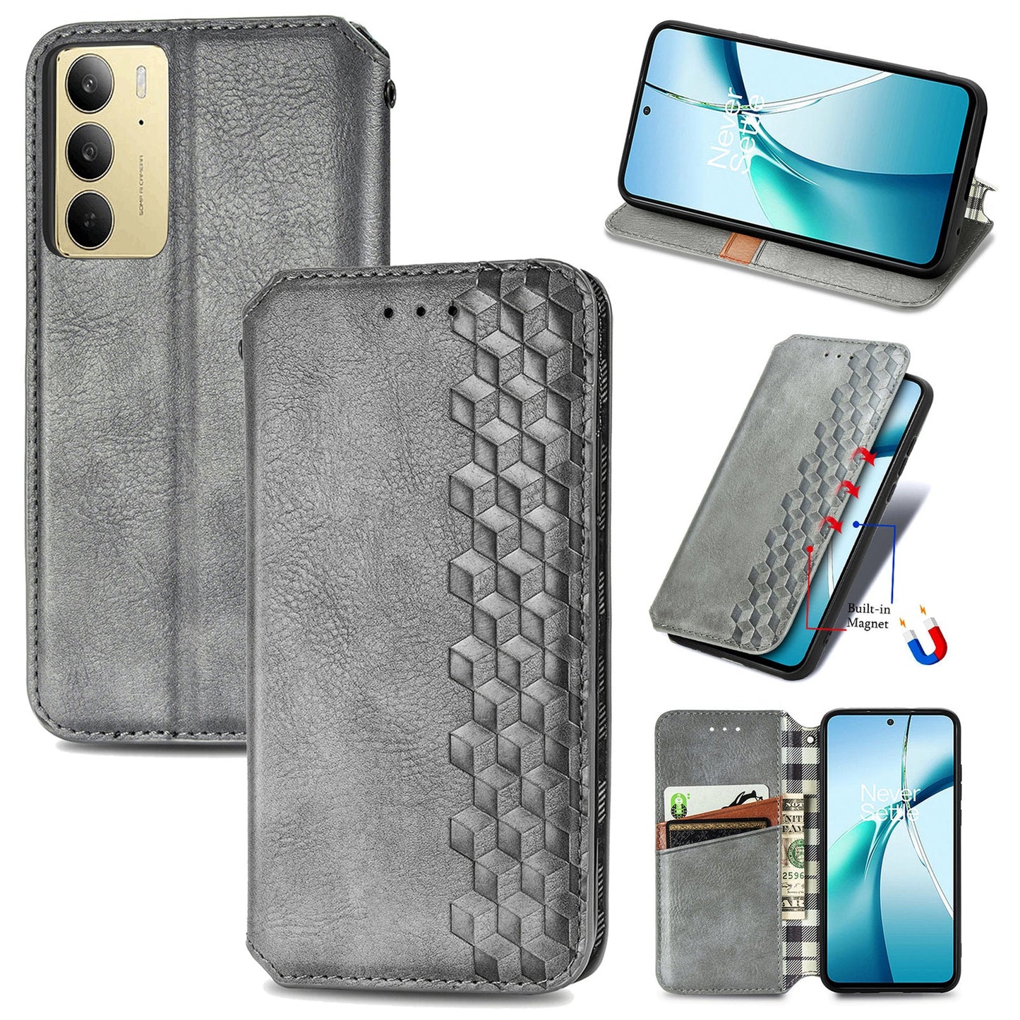 For Realme C75 Case Rhombus Imprint PU Leather Wallet Phone Cover - Grey
