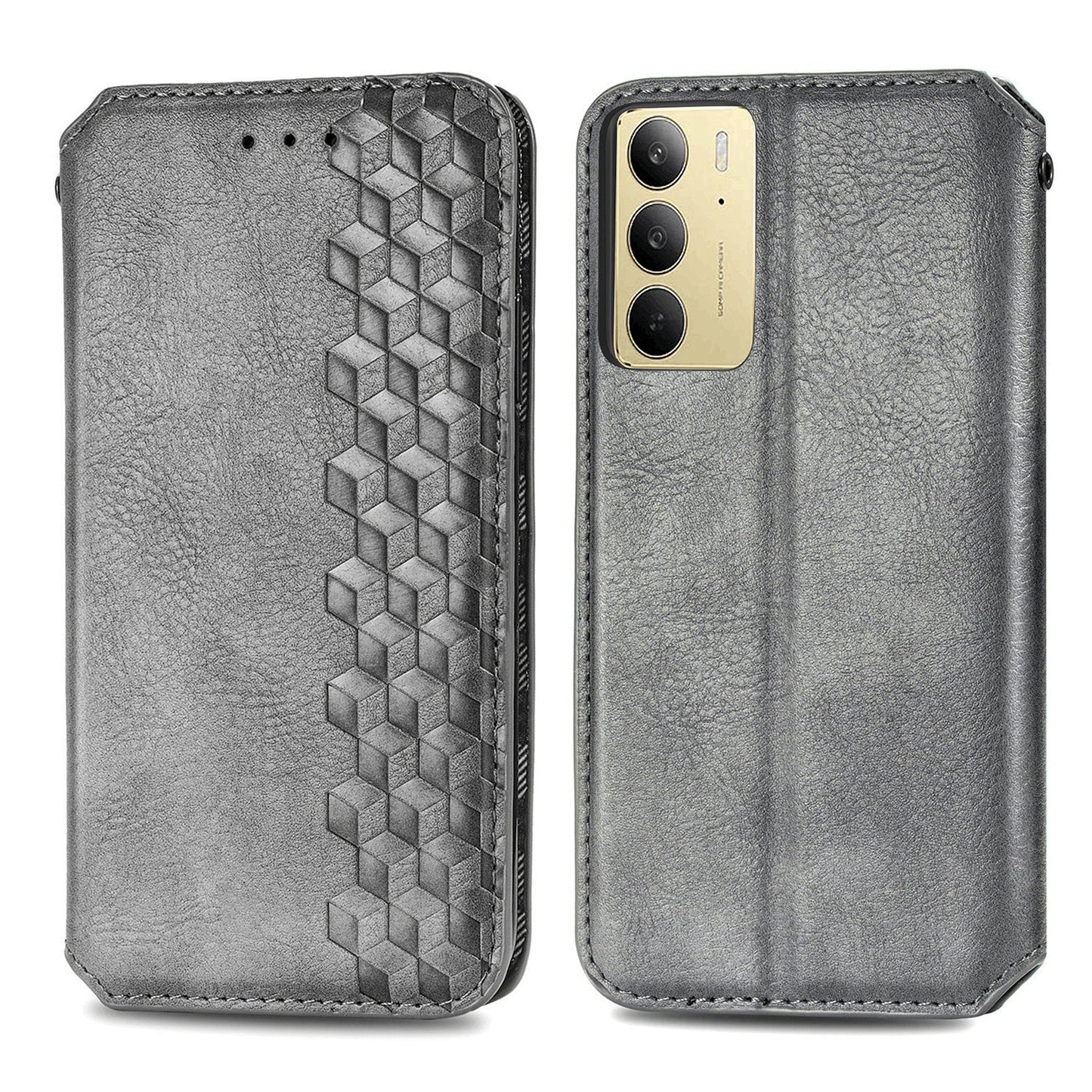 For Realme C75 Case Rhombus Imprint PU Leather Wallet Phone Cover - Grey