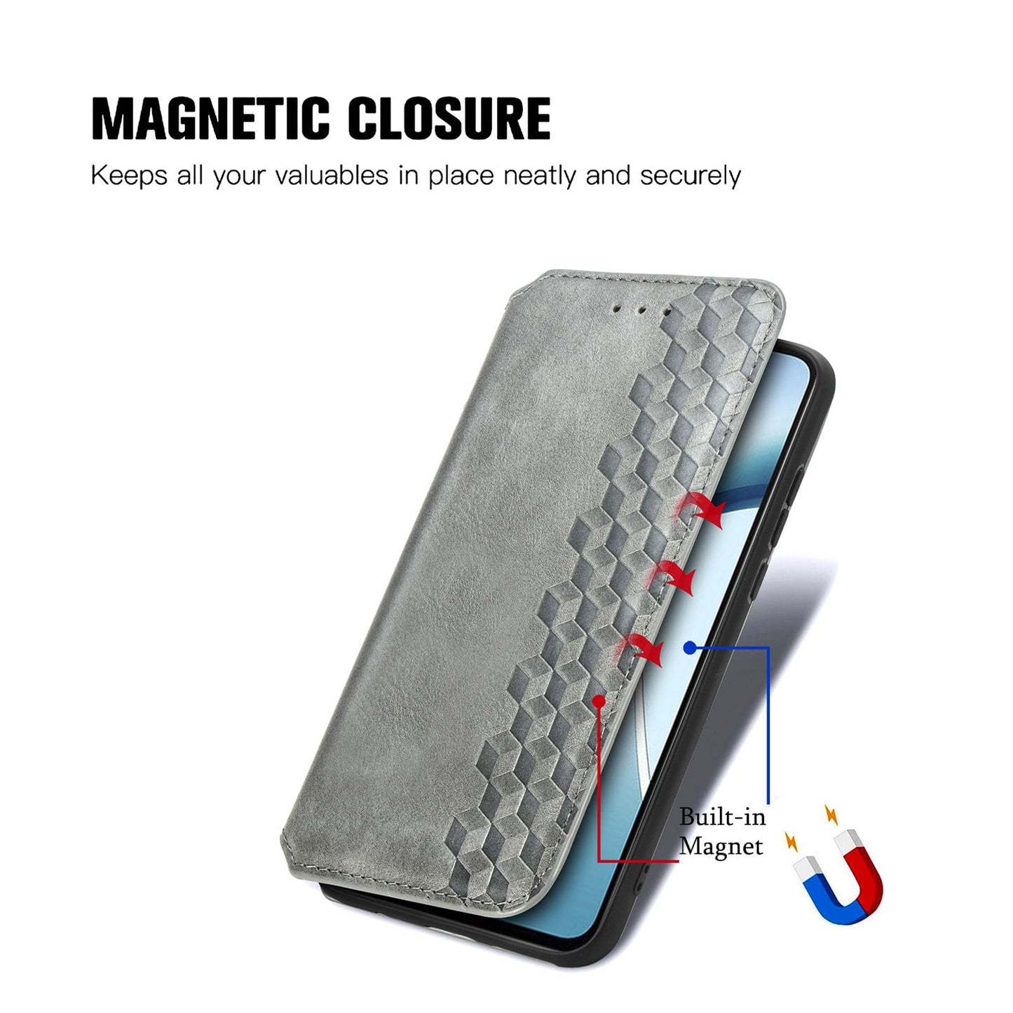 For Realme C75 Case Rhombus Imprint PU Leather Wallet Phone Cover - Grey