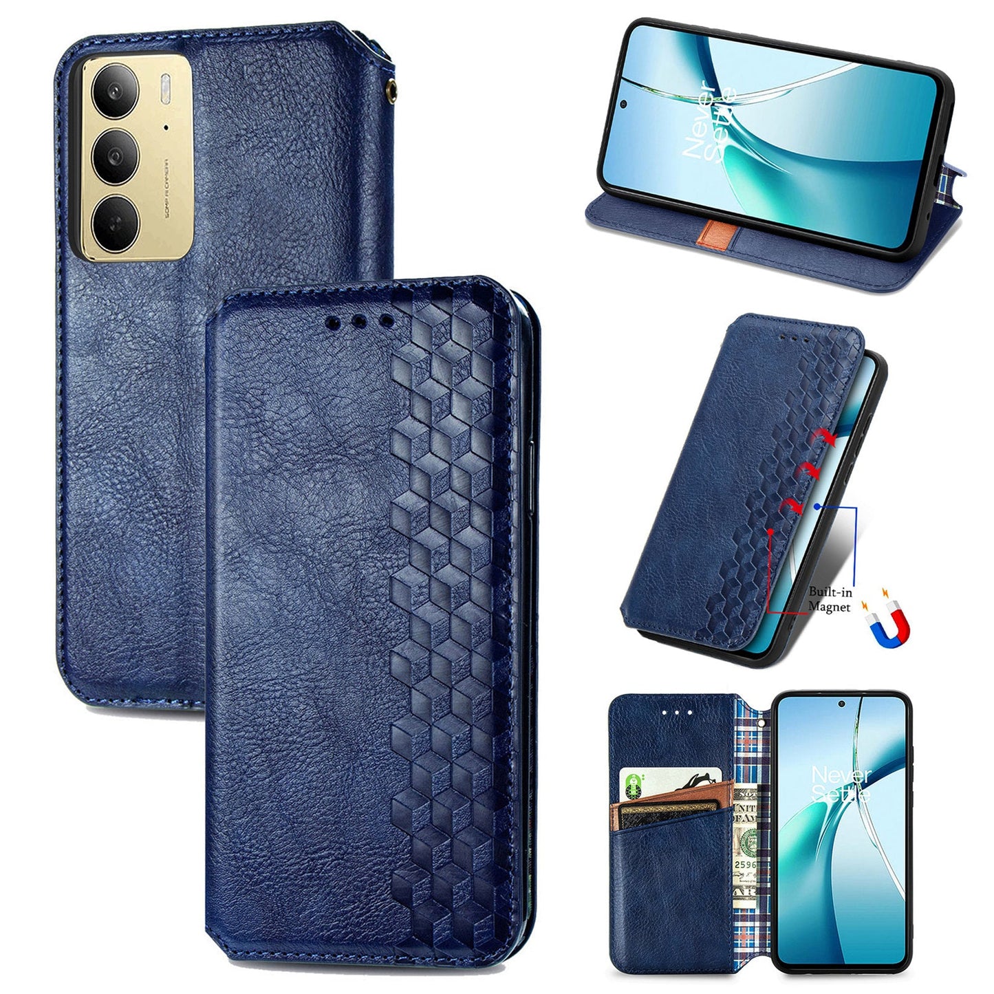 For Realme C75 Case Rhombus Imprint PU Leather Wallet Phone Cover - Blue