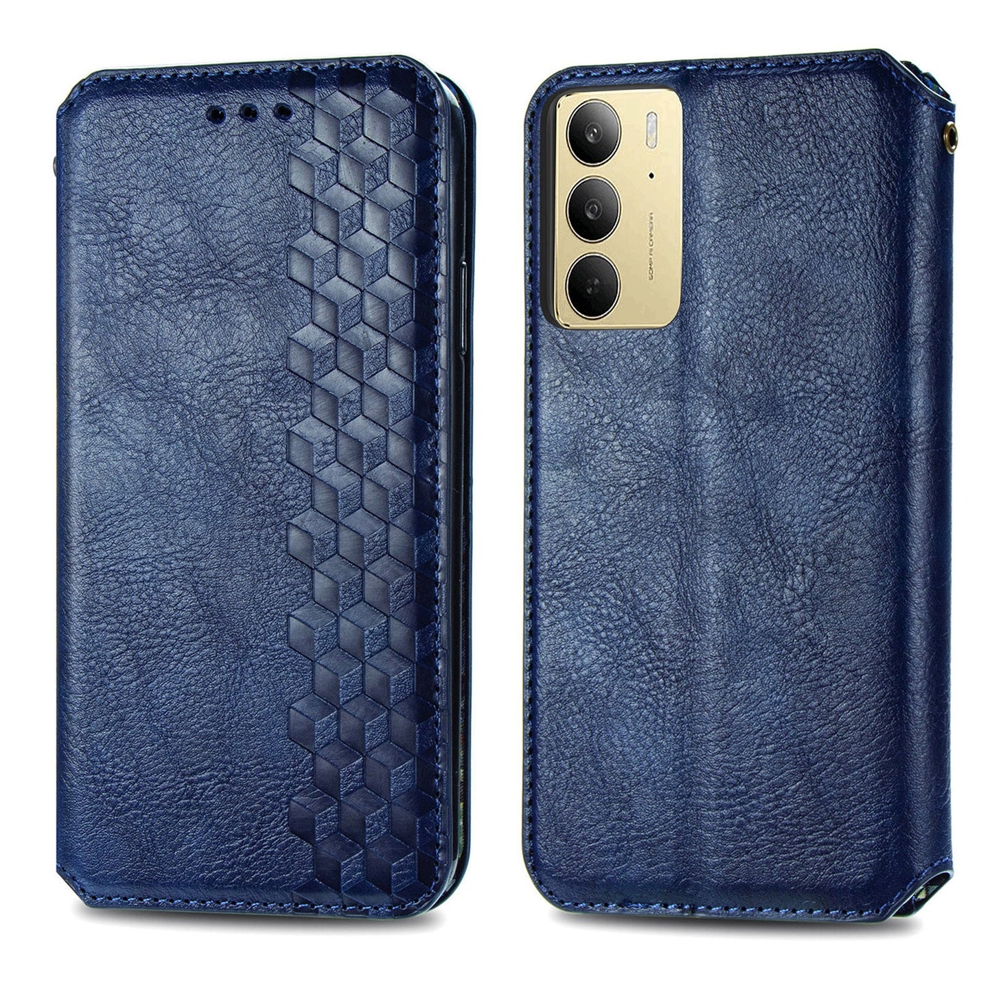 For Realme C75 Case Rhombus Imprint PU Leather Wallet Phone Cover - Blue