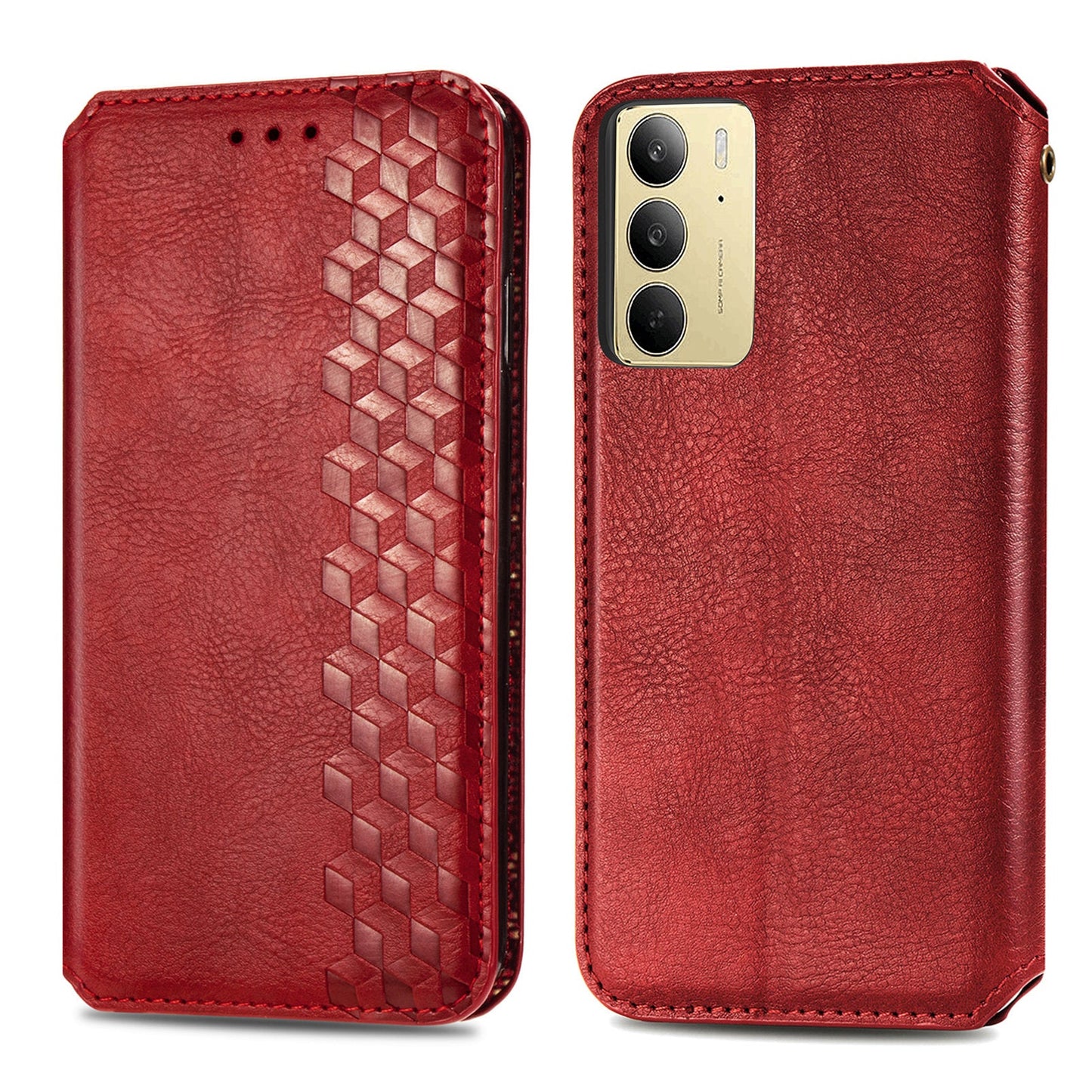 For Realme C75 Case Rhombus Imprint PU Leather Wallet Phone Cover - Red