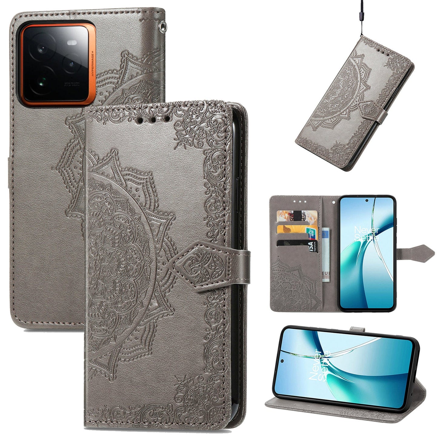 For Realme GT 7 Pro 5G Wallet Case Mandala Flower Leather Phone Cover Stand - Grey